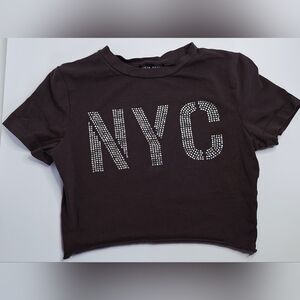 Shein Stylish Black Crop Top with Rhinestone NYC Design- XS